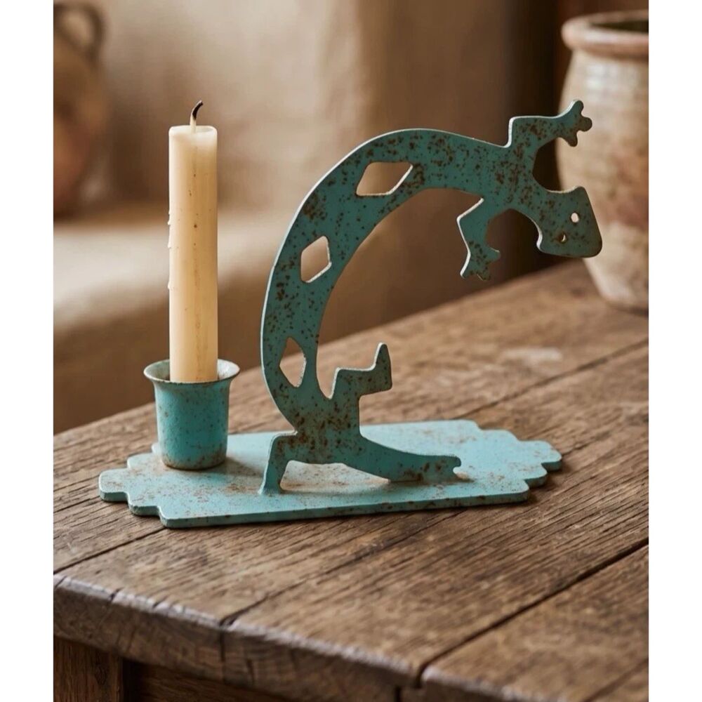 Metal Man Turquoise Metal Art Lizard Candle Holder Tribal Art Sculpture Vintage